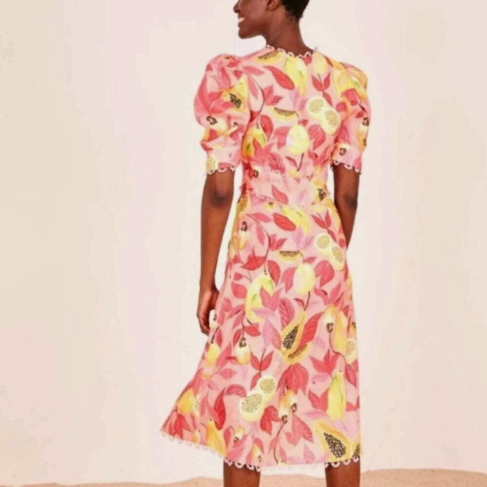 Farm Rio Pink Papaya Leaf Dress Linen Button Down Midi Short Sleeve Size Small - Picture 3 of 13